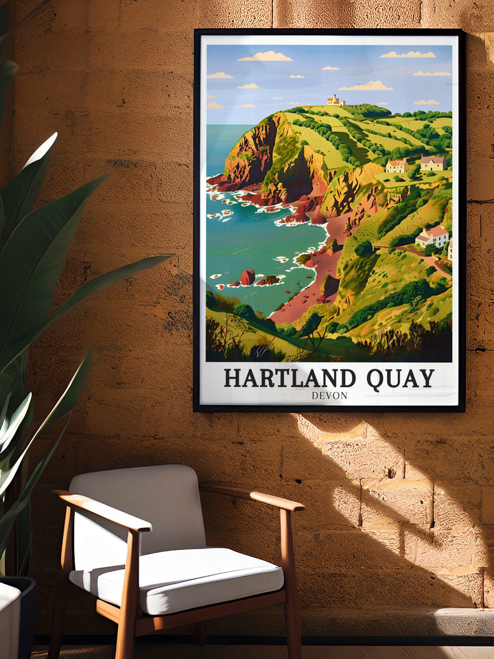 Hartland Quay travel print featuring the dramatic coastal scenery of Devons rugged cliffs and crashing waves. This artwork brings the power and beauty of the sea into your home, making it a perfect addition for lovers of coastal landscapes and adventure.