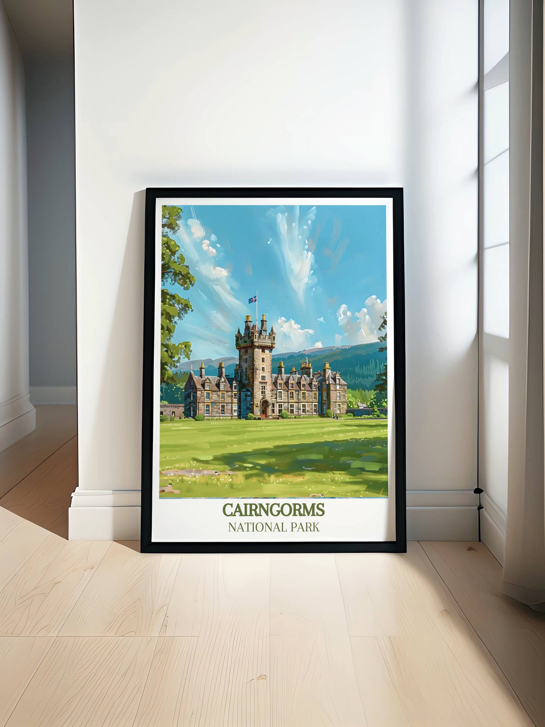 Cairngorms Poster showcasing the breathtaking beauty of Scotland with Balmoral Castle in the background. Perfect for home decor and gifts, this vintage travel print brings the majestic Scottish Highlands to life in stunning detail.