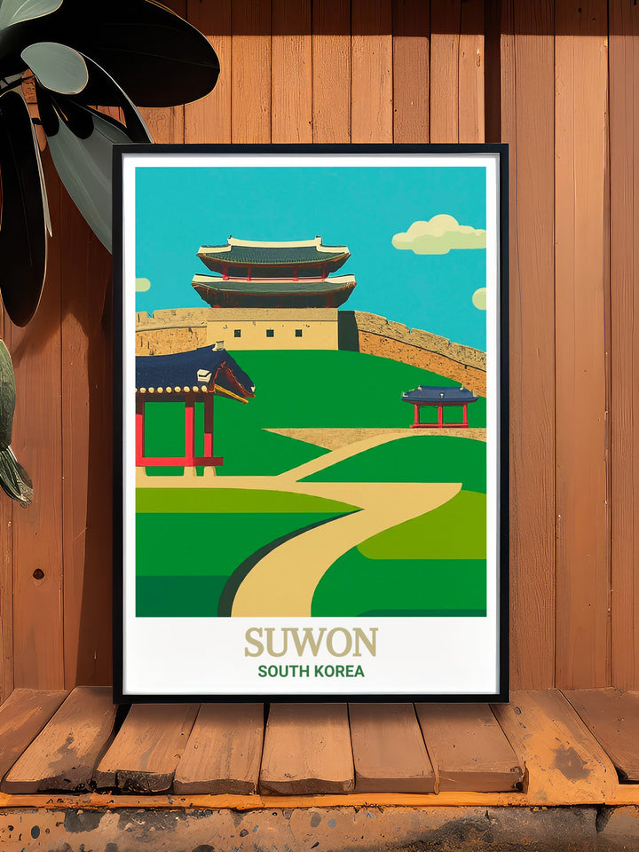 Hwaseong Fortress, a UNESCO World Heritage site in Suwon, is beautifully represented in this South Korea travel print. The detailed design and vibrant colors make it an ideal wall art piece for history lovers and travelers alike.