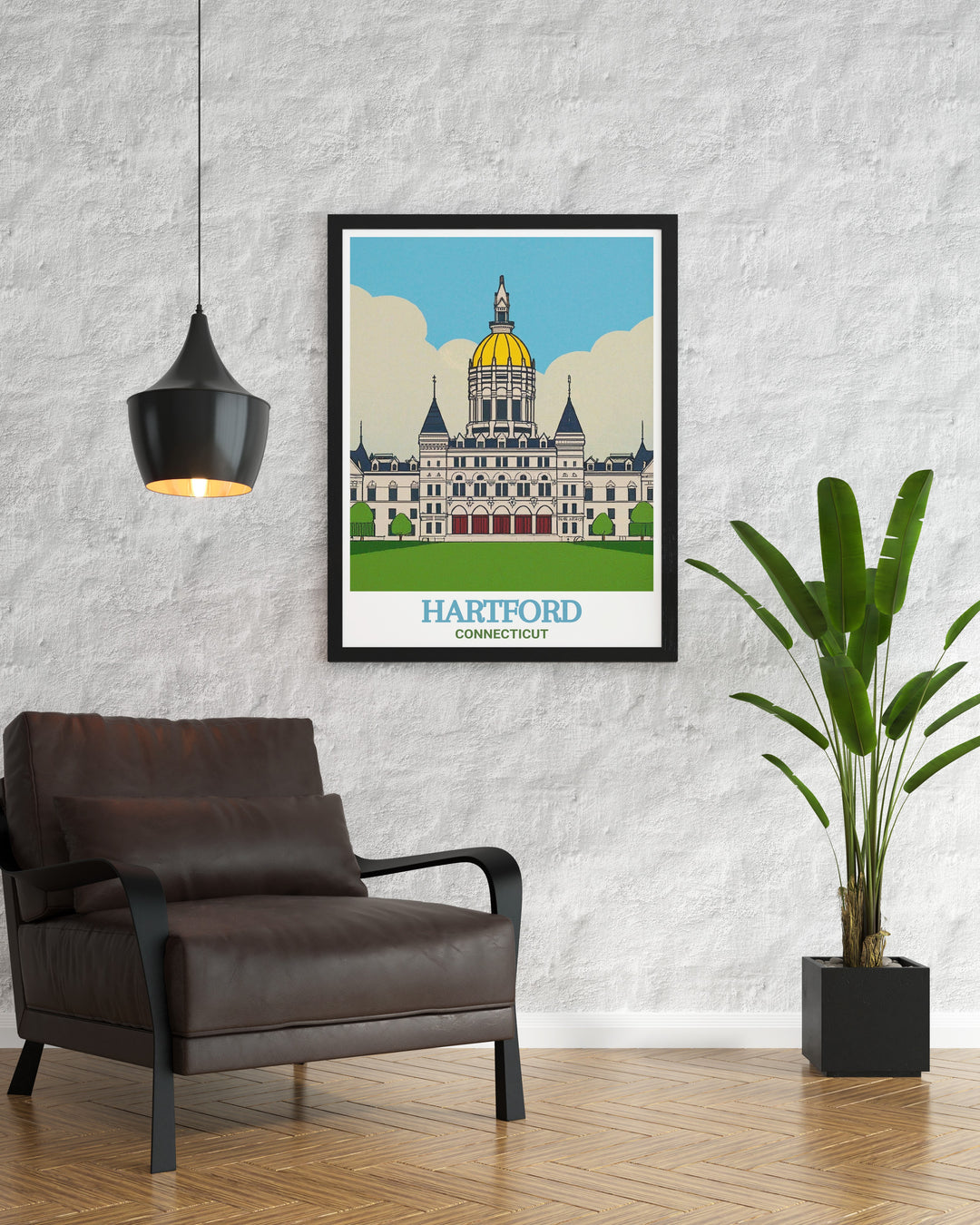 Modern Hartford city print with a colorful street map and Connecticut State Capitol in fine line detail. This artwork brings the beauty of Hartford into your home and makes an excellent gift for birthdays anniversaries or as a Christmas present.