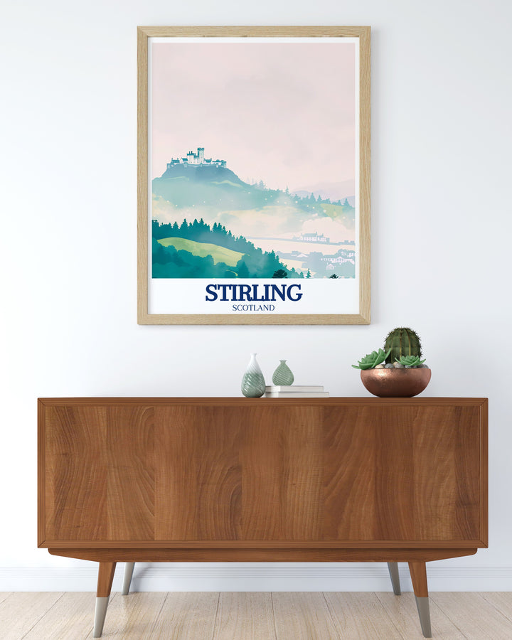 Our Stirling Castle art print features the iconic castle set against the backdrop of Stirlings Old Town. This beautiful travel print is perfect for anyone who admires Scottish history and wants to bring the beauty of Scotland into their home decor.