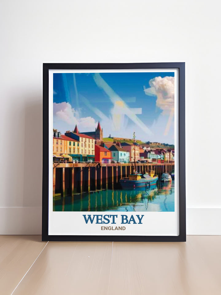 Canvas art of West Bay Harbour, highlighting the picturesque views of boats and cliffs along the Jurassic Coast. This travel poster brings the charm of Englands seaside into your home, ideal for those who love coastal landscapes.