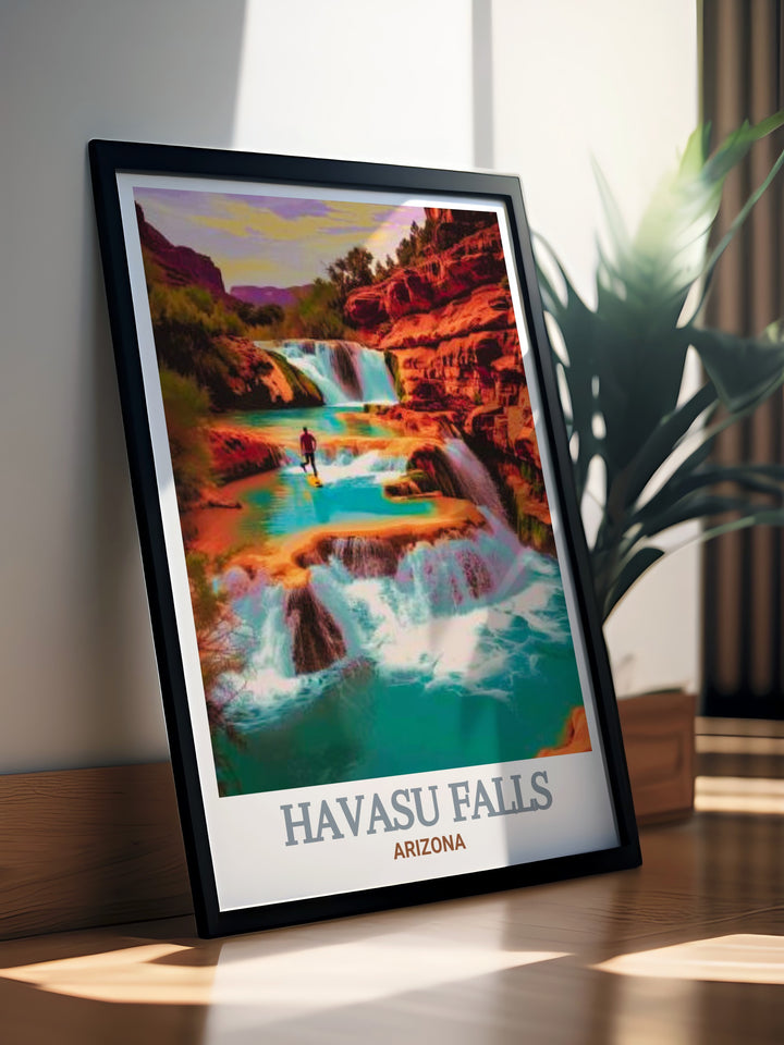 Celebrate the natural wonders of Arizona with this Beaver Falls travel print, showcasing the peaceful beauty of cascading waters and desert flora. A thoughtful gift for adventure lovers and nature enthusiasts.