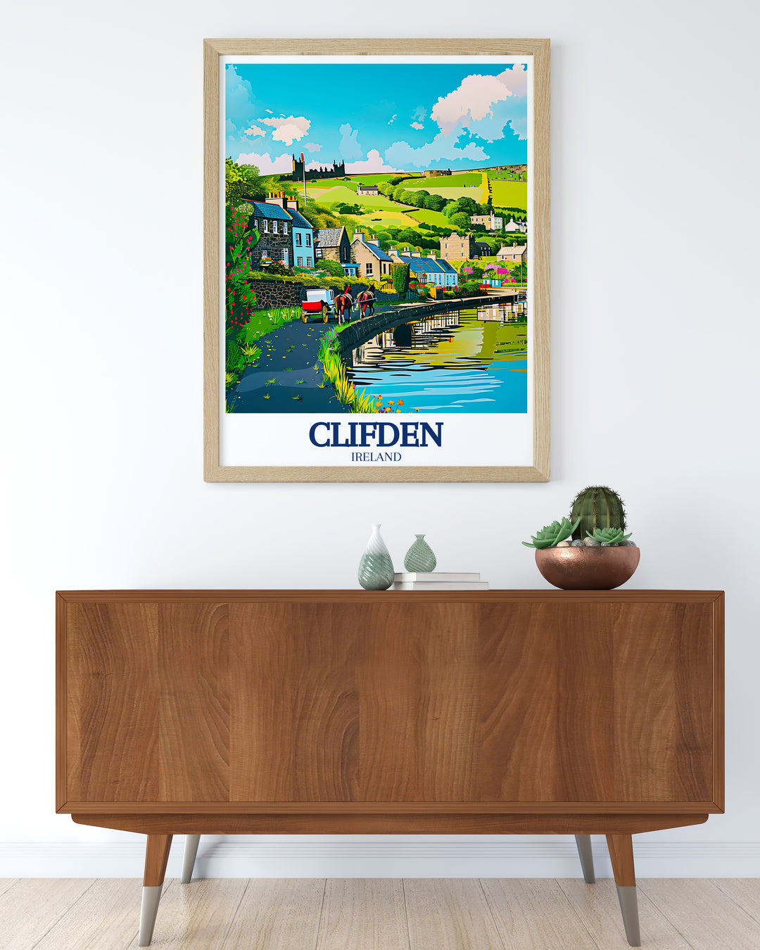 Vintage style poster of Clifden, featuring the majestic ruins of Clifden Castle and the Owenglin River. This artwork adds a nostalgic touch to your decor, perfect for lovers of Irish history.