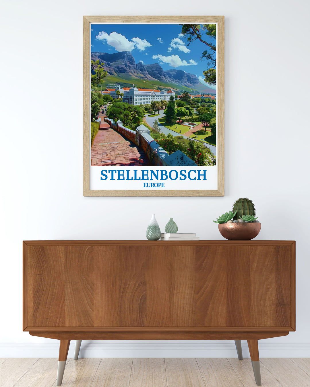 Experience the academic excellence of Stellenbosch with this detailed art print, showcasing the universitys iconic architecture and serene campus.