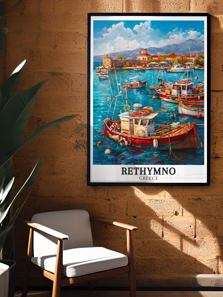 Rethymno Print showcasing the beauty of Rethymno Harbour Crete is the ideal Greece Island Art piece for home decor its stunning views of the harbour and old town add a sense of tranquility and travel inspiration to any living room or office