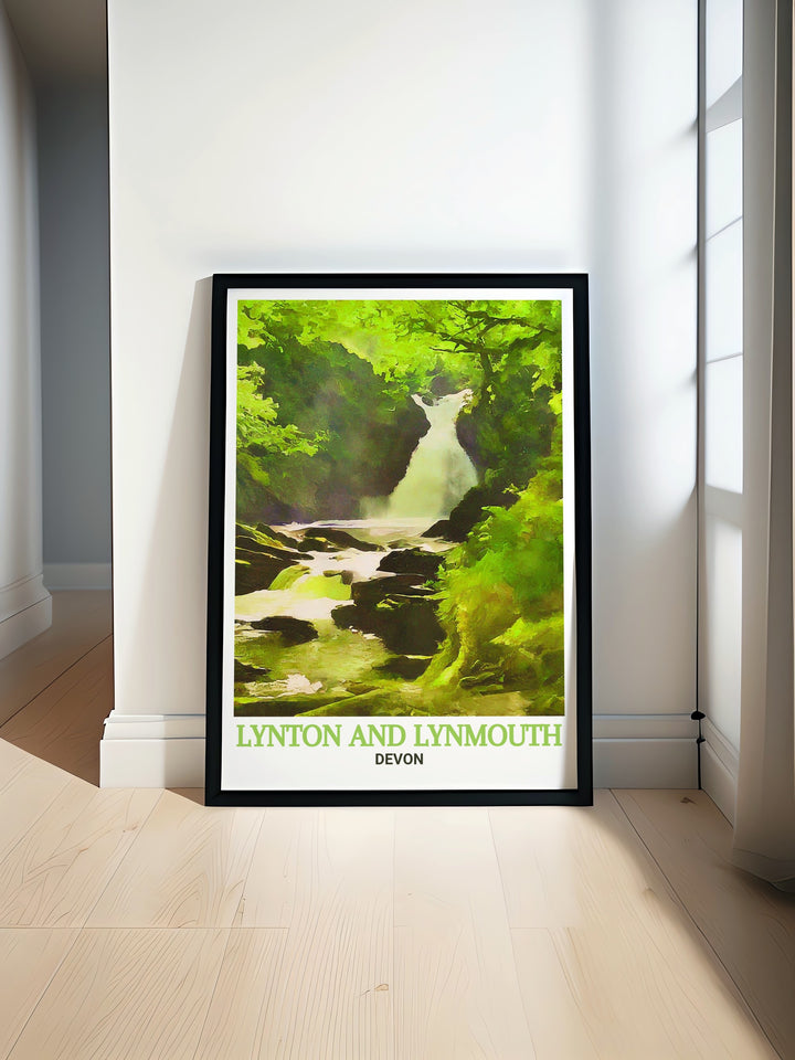 Scenic wall art of Watersmeet in Lynton and Lynmouth, featuring vibrant colors and detailed landscapes. An exquisite addition to any decor.