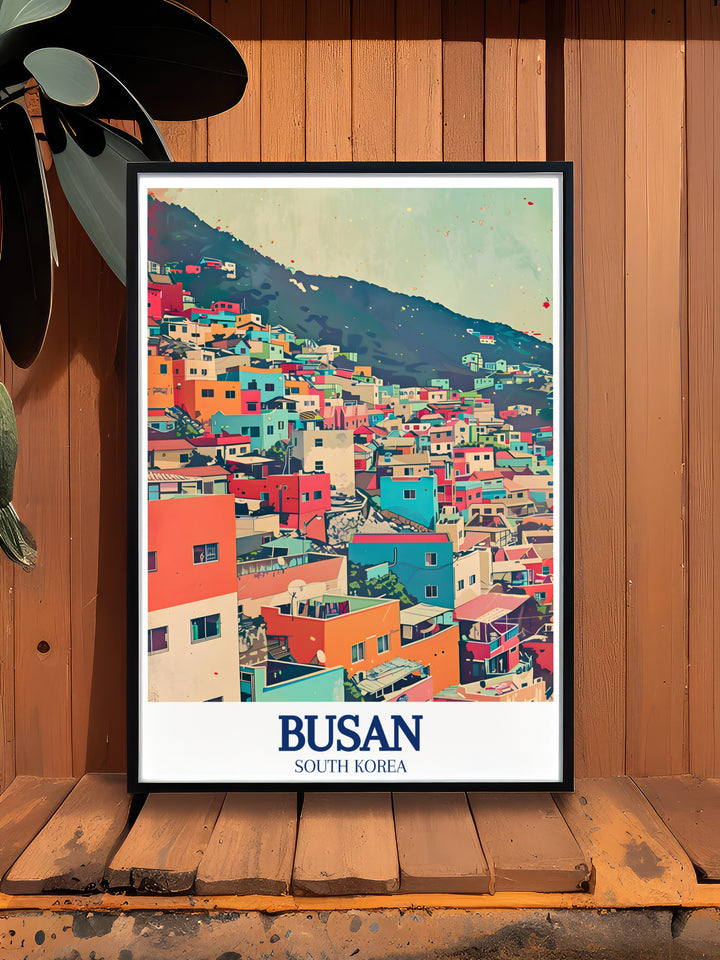 Modern art print of Busans Gamcheon Culture Village Gamcheon dong capturing the hillside villages vibrant architecture and lively atmosphere perfect for elegant home decor or a unique gift for travel and art lovers.