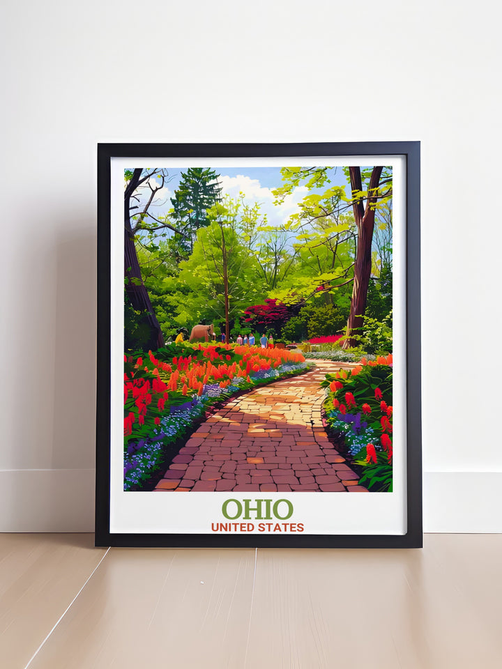 Cincinnati Zoo art print depicting the zoos scenic gardens and diverse wildlife exhibits. The poster captures the zoos peaceful atmosphere, making it an ideal gift for animal lovers and Cincinnati enthusiasts alike. A unique and artistic addition to any room, this print brings the zoos beauty into your home.