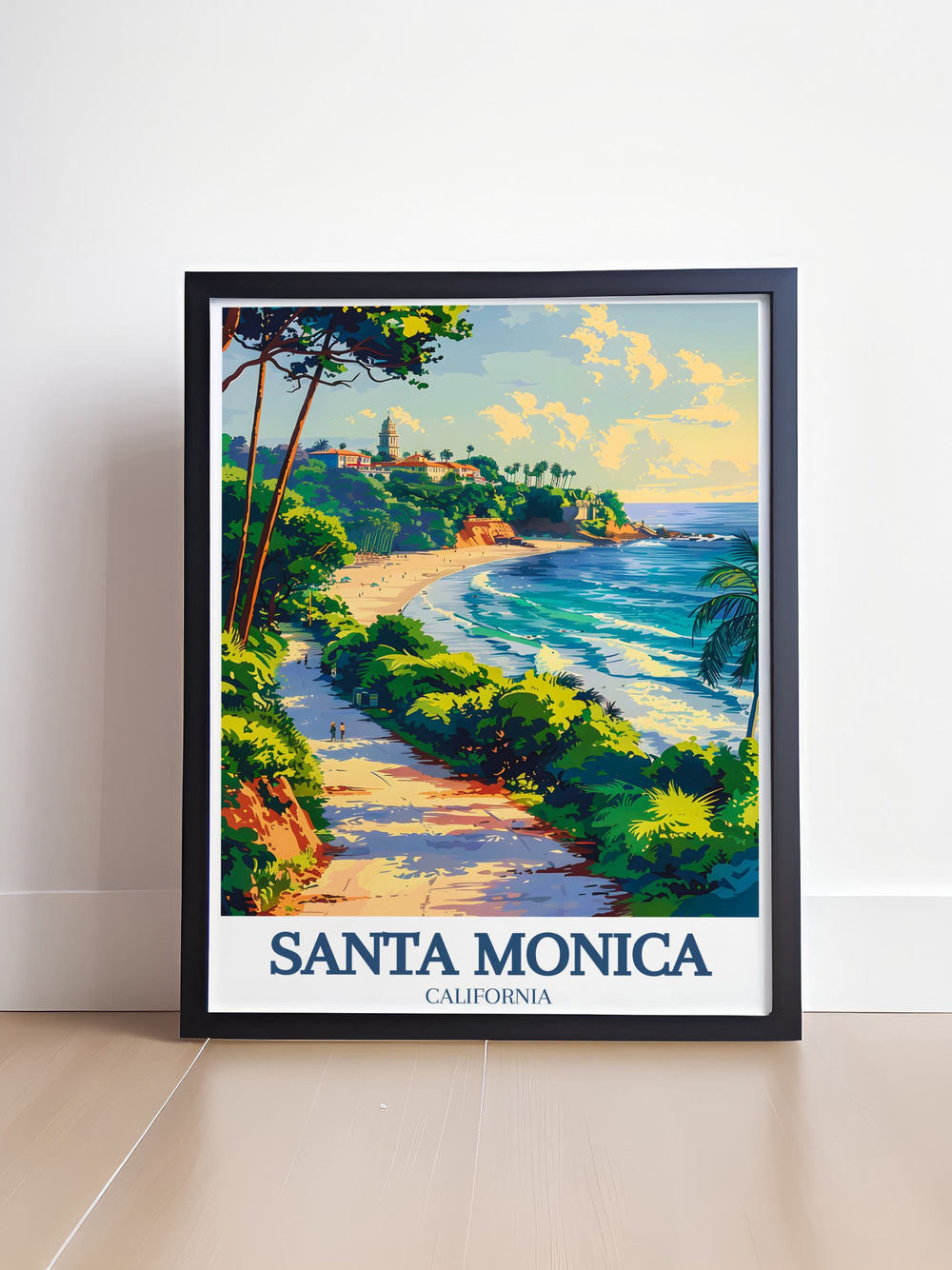 An art print of Ocean Avenue, showcasing its vibrant energy, luxury hotels, and dynamic mix of shopping and dining options. The illustration highlights the avenues lively ambiance and coastal charm.