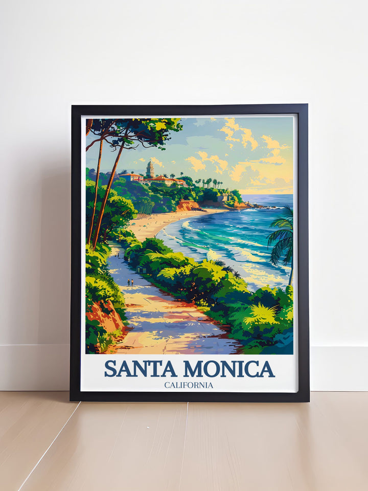 Featuring the Santa Monica Pier, Palisades Park, and Ocean Avenue, this travel poster is a stunning representation of Southern Californias beachside charm. Its vibrant colors and finely detailed artwork make it an excellent choice for those seeking beach inspired decor for their homes.