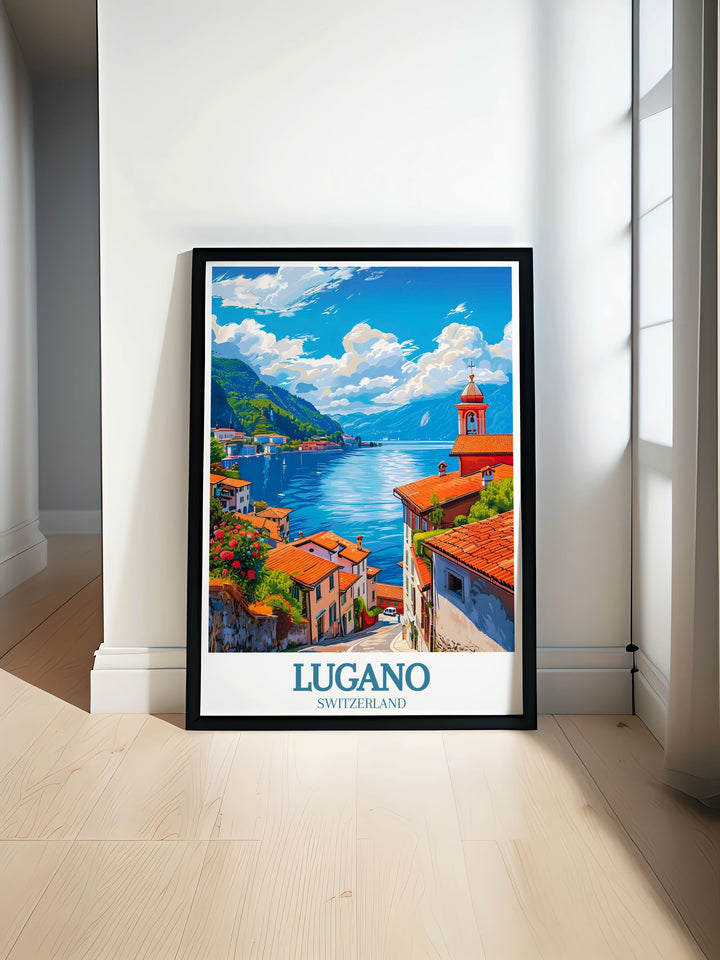 Reveal the charm of Lugano, with its blend of Swiss precision and Mediterranean flair, captured beautifully in this travel poster. Ideal for those who appreciate urban elegance and natural beauty.