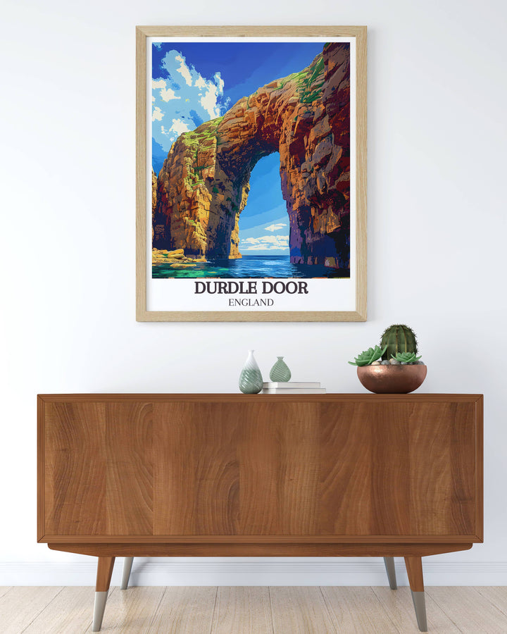 Durdle Door Arch framed print featuring the picturesque scenery of Dorset ideal for home decor and gift giving capturing the essence of this stunning coastal landmark in vibrant colors and detailed imagery perfect for travel enthusiasts and nature lovers.