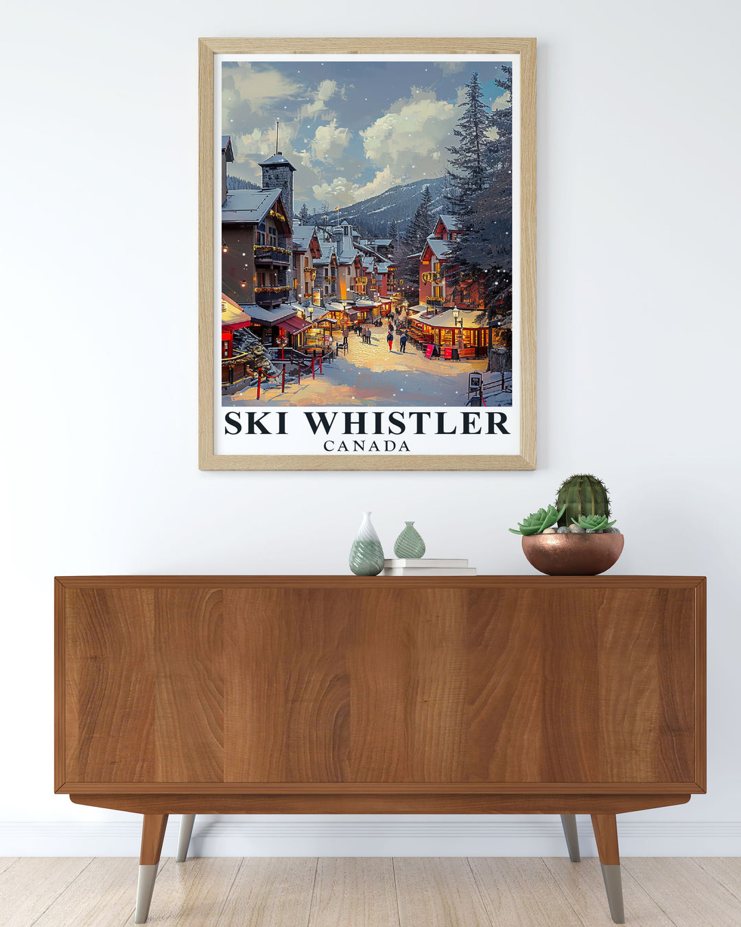 This Whistler Ski Resort poster features the picturesque Whistler Village surrounded by snow capped peaks, making it the perfect wall art for those who love skiing and winter sports. This detailed print adds a touch of adventure and nature to your home décor.