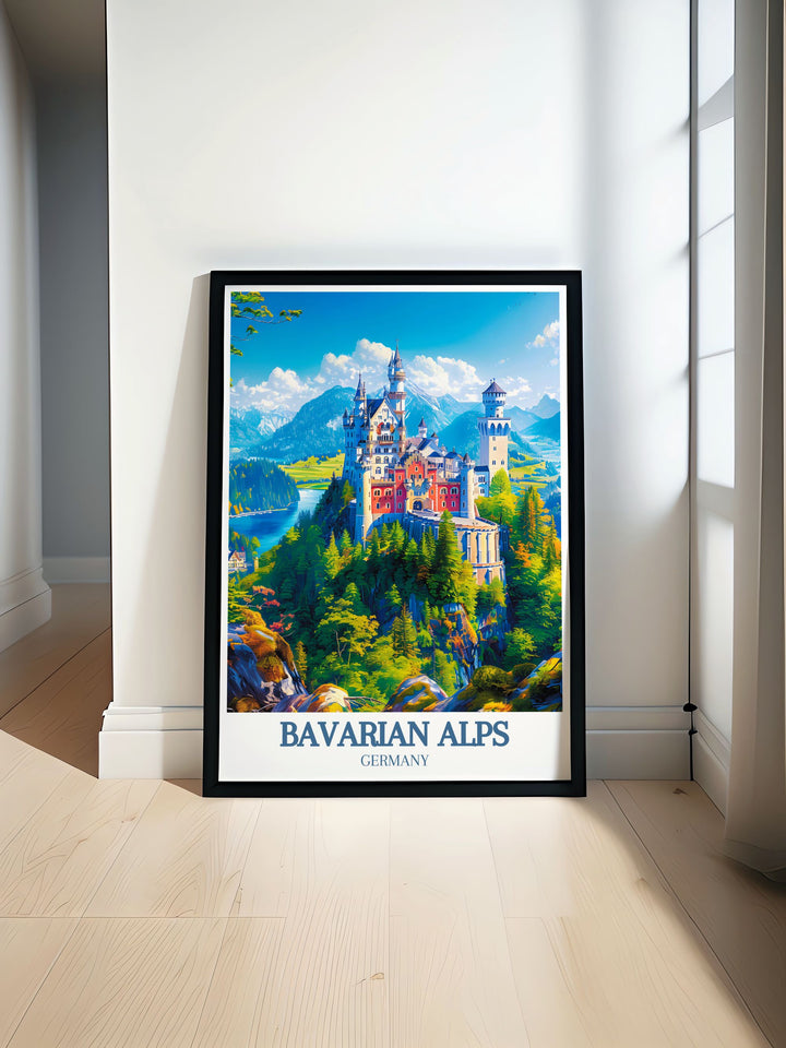 Majestic Bavarian Alps poster featuring the iconic Neuschwanstein Castle and the serene Alpsee Lake, capturing the fairy tale beauty and charm of this German region. Perfect for adding a touch of magic to your home decor.