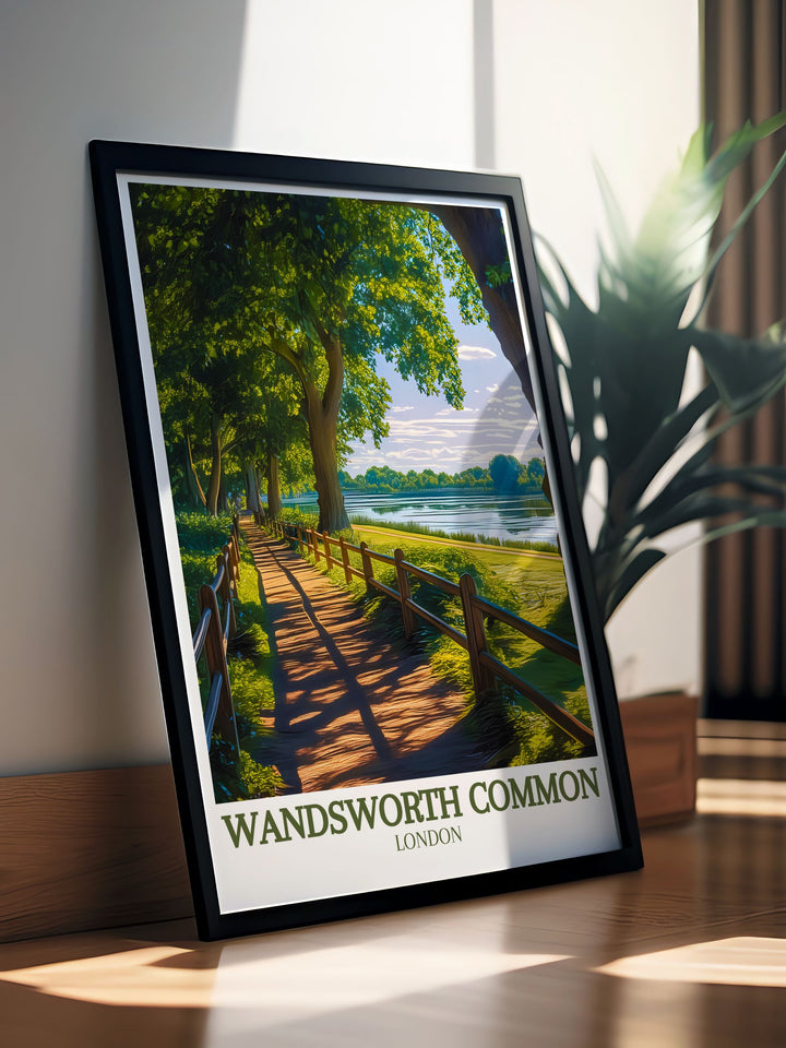 Capture the serene beauty of Wandsworth Common with this stunning London travel poster. The artwork highlights key landmarks like Wandsworth Pond and Wandsworth Windmill, making it an ideal addition to any art collection.