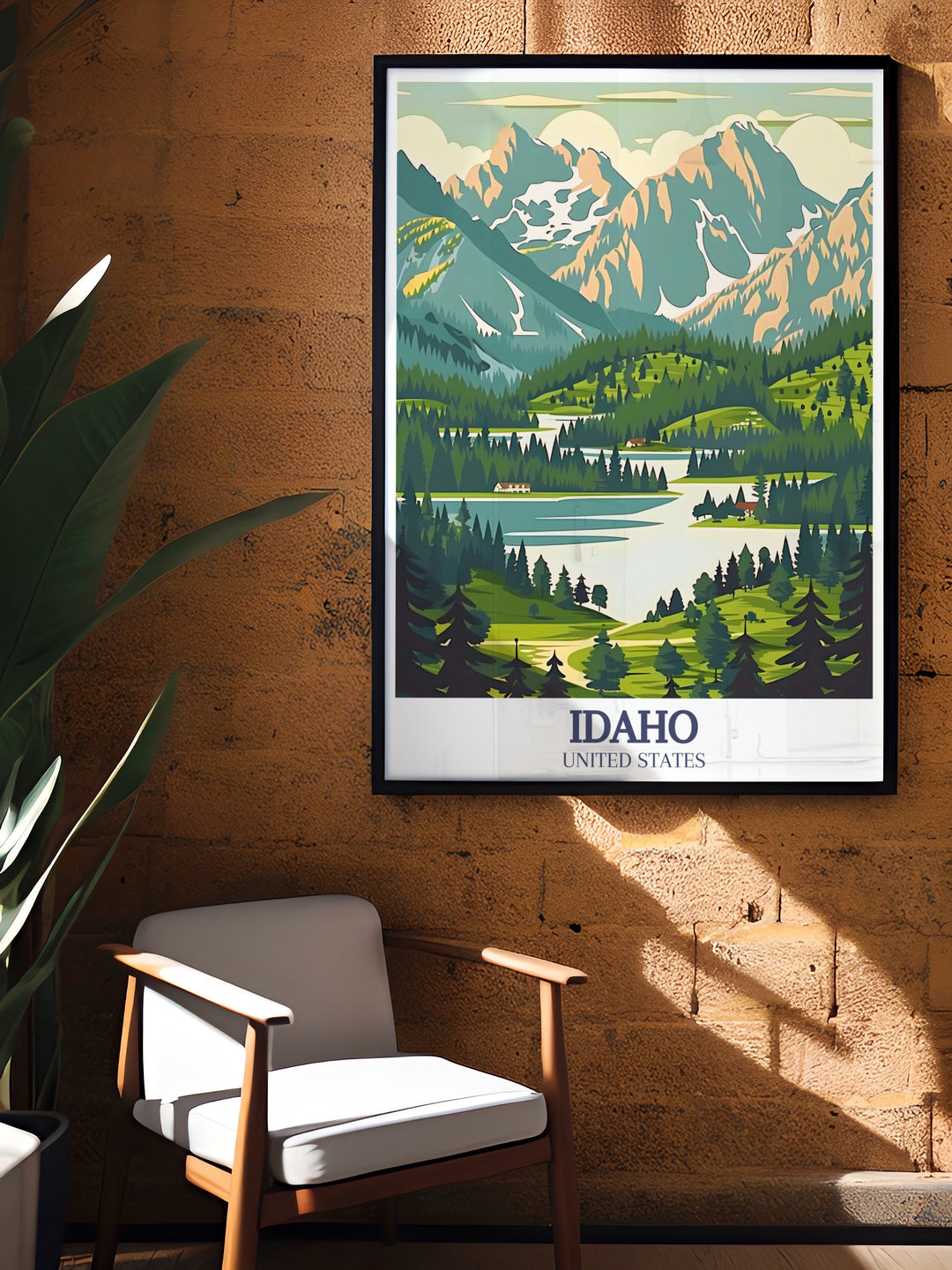 This Idaho travel poster captures the essence of the states natural beauty, featuring the jagged peaks of the Sawtooth National Recreation Area and the winding Snake River in Hells Canyon. Perfect for anyone looking to bring the spirit of the outdoors into their home.