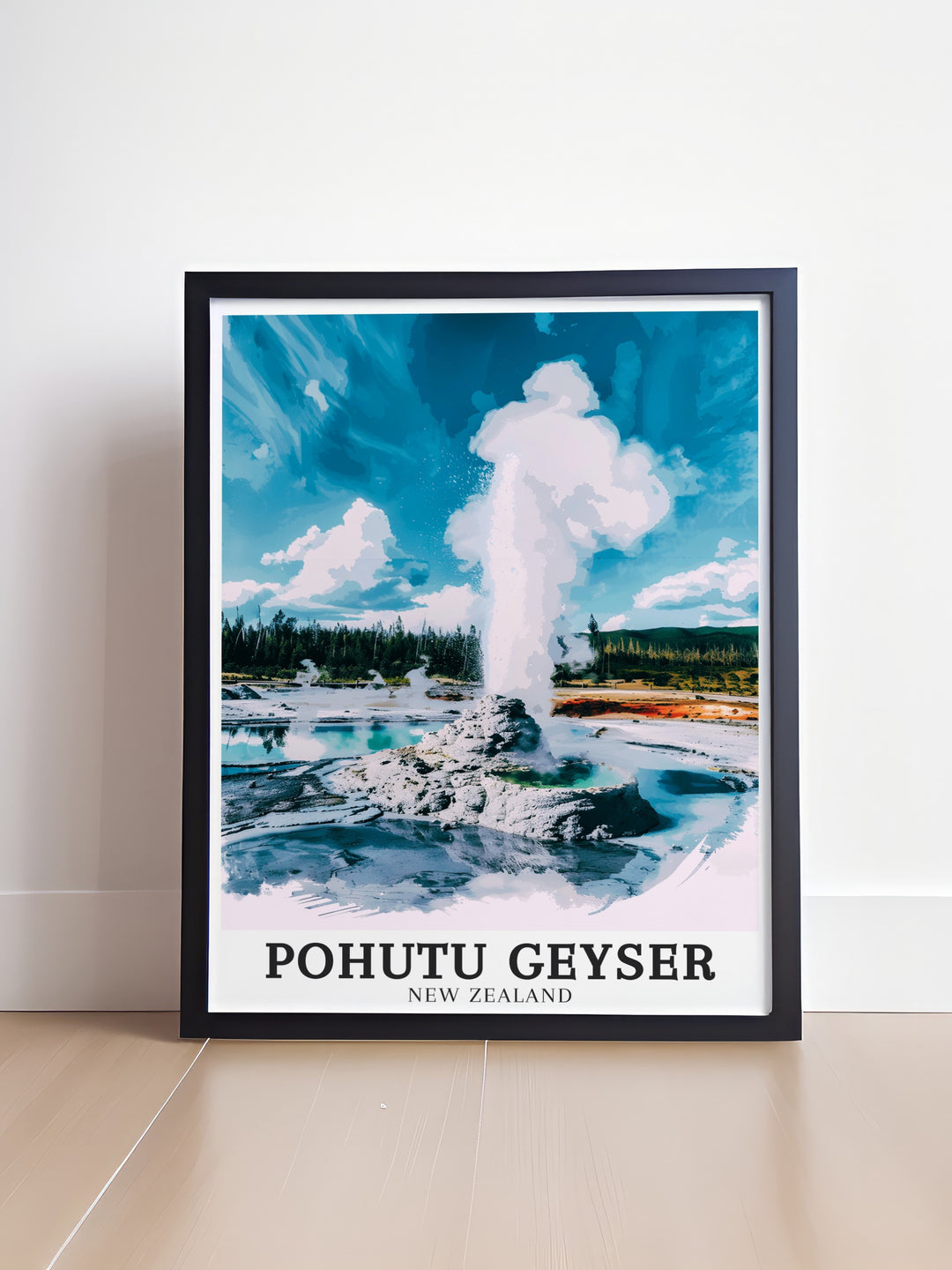 Rotoruas geothermal treasures are beautifully showcased in this art print featuring Pohutu Geyser and Wairakei Geothermal Area. Ideal for nature lovers and travel enthusiasts, this artwork brings the wonders of New Zealand into your home.