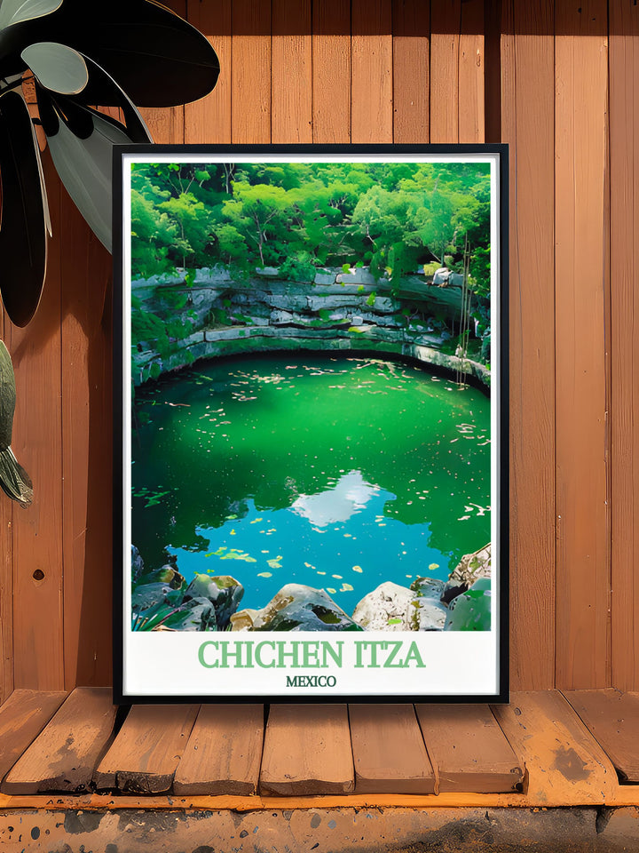 Capture the essence of Mexico with this stunning wall art print, featuring the tranquil beauty and historical significance of the Sacred Cenote. The majestic Chichen Itza is beautifully illustrated in this travel poster, ideal for enhancing any room with historical charm.