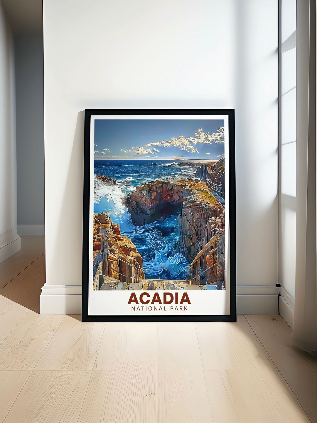 Acadia National Park art print showcasing Thunder Hole with bold colors and elegant details. This stunning national park wall art brings the power of nature into your home and is perfect for anyone who loves retro travel prints and natural beauty.