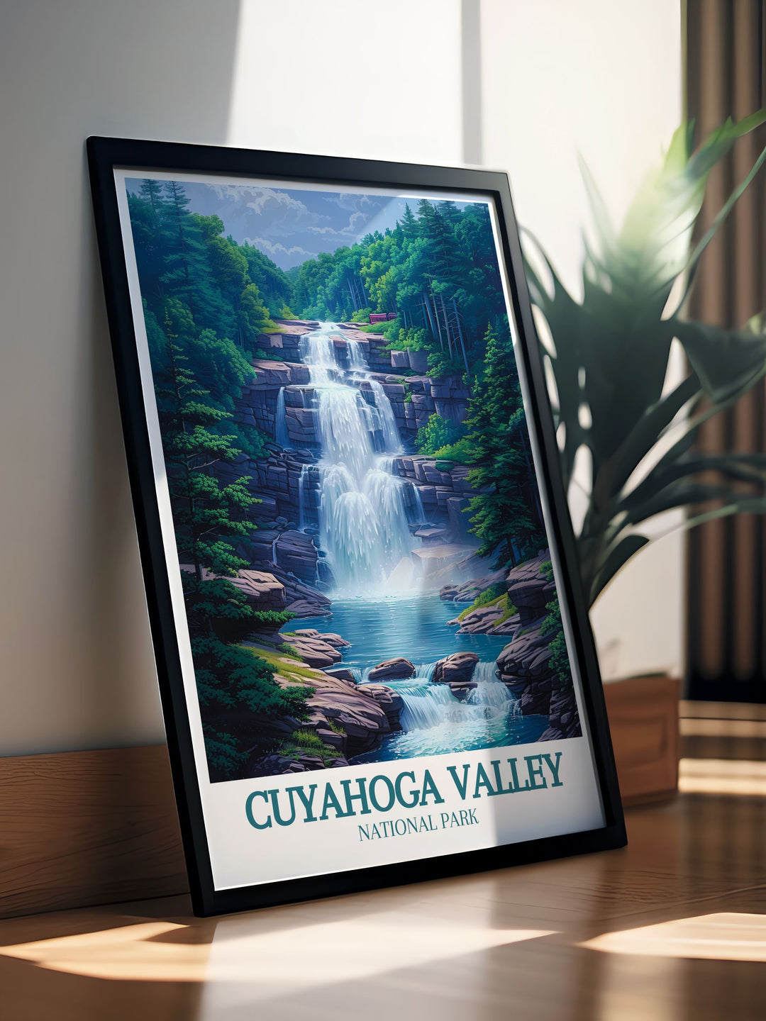 Detailed retro travel print of Cuyahoga Valley National Park, featuring its scenic landscapes and historical sites, perfect for adding a touch of natures beauty to your living space.