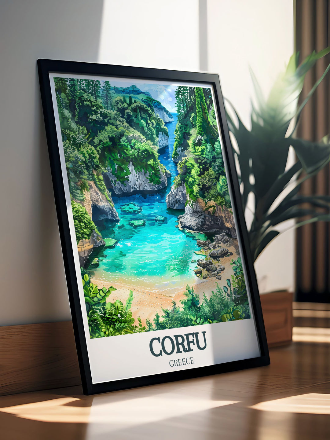 a picture frame with a picture of a tropical beach