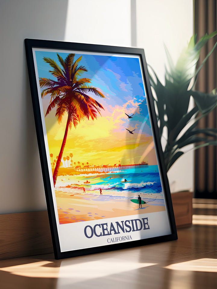 High quality print of Oceanside Beach and Oceanside Pier designed to evoke the serene atmosphere of a perfect beach day a great piece for beach lovers and California enthusiasts