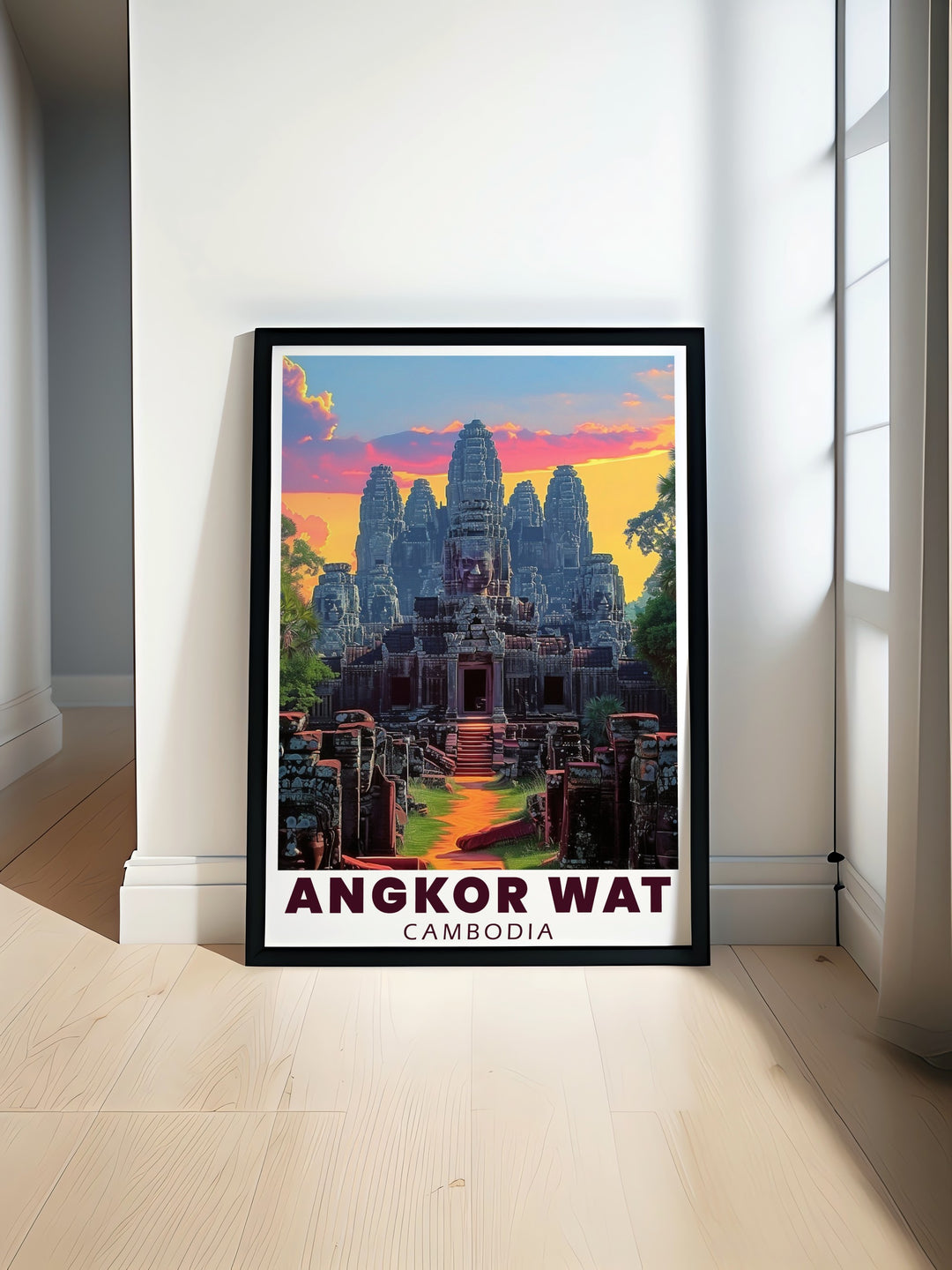 Celebrate the beauty and history of Cambodias Angkor Wat and Bayon Temple with this stunning travel print. The vibrant colors and detailed artwork bring the grandeur of these famous temples to life, making it a meaningful addition to any home or gallery.