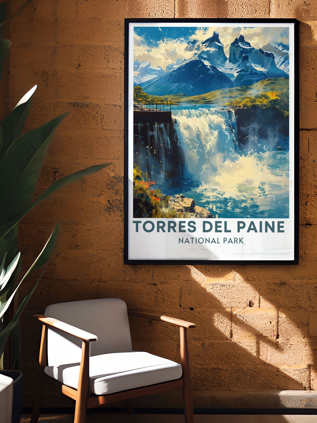 Guanaco artwork with the stunning backdrop of Salto Grande in Torres Del Paine National Park Patagonia Chile. This retro travel poster is perfect for wildlife enthusiasts and those who want to capture the essence of South American landscapes.