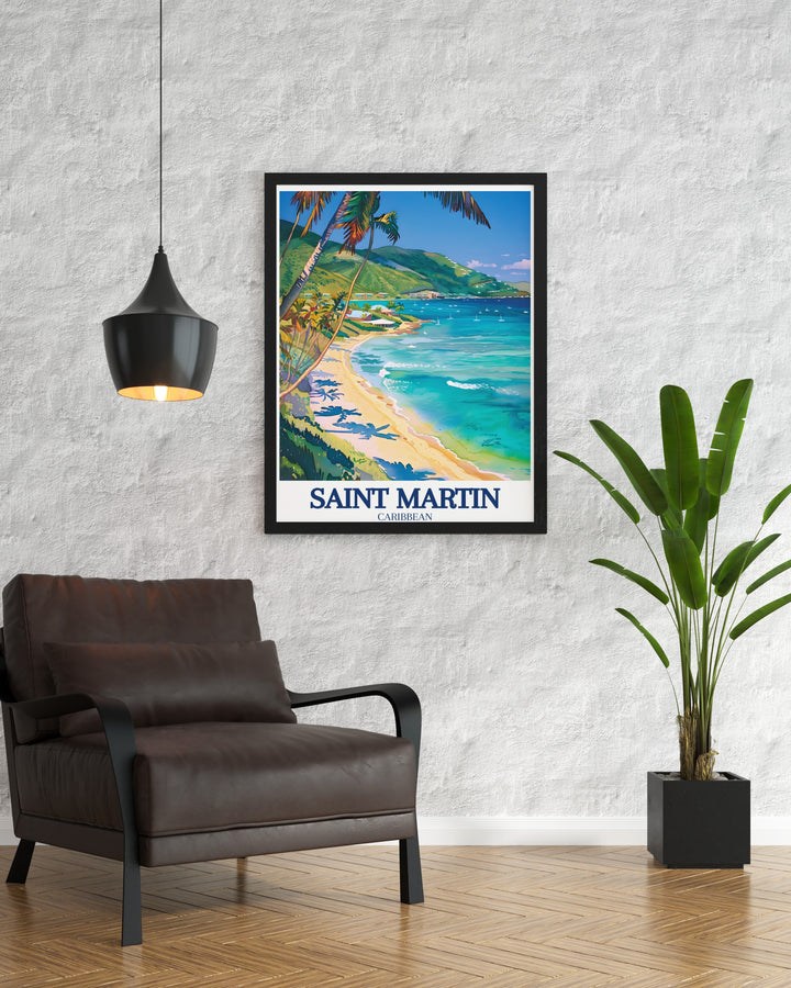 Beautifully illustrated art print featuring Cul de Sac Bay and Anse Marcel Beach in Saint Martin. This piece is ideal for those who adore Caribbean destinations and want to bring a touch of the islands scenic landscapes into their living spaces.