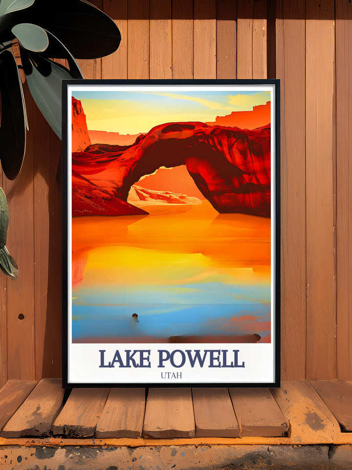 This Lake Powell art print highlights the grandeur of Rainbow Bridge and Glen Canyon, capturing the essence of the American Southwest. Its the perfect gift for travelers or anyone looking to add a beautiful and meaningful piece of art to their home.