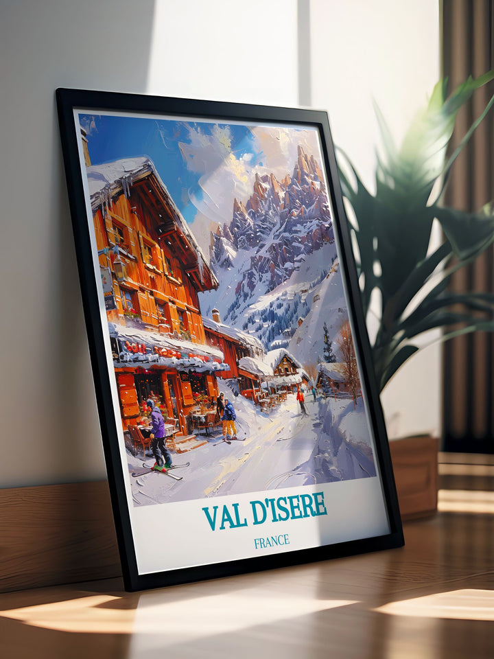 Embrace the captivating charm of Solaise in Val dIsere with this exquisite travel poster, featuring the snow capped mountains and traditional alpine architecture that make this ski resort a must visit destination.