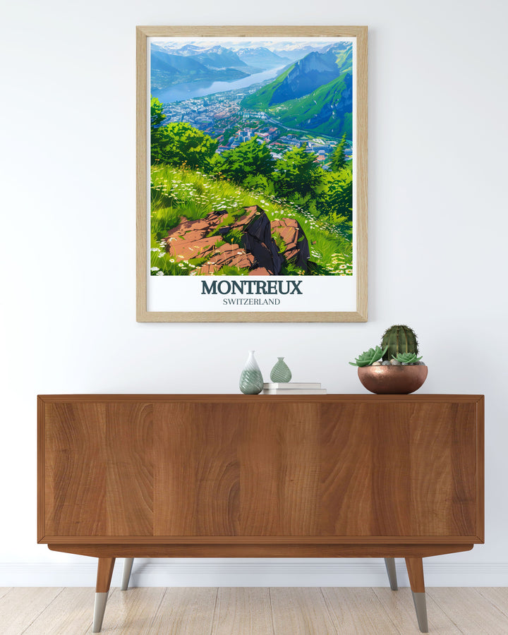 Capture the elegance of the Swiss Riviera with this Montreux Travel Poster. Featuring the iconic Lake Geneva and the dramatic Rochers de Naye mountains, this artwork brings the peaceful beauty of Switzerlands landscapes into your home, ideal for travel lovers and art enthusiasts.