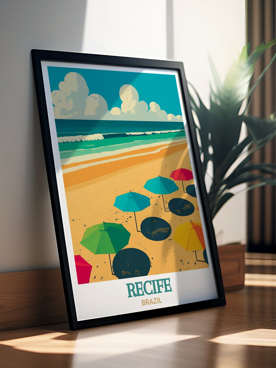 South American travel print of Boa Viagem Beach in Brazil. This fine line artwork beautifully captures the shoreline of Recife, highlighting the natural beauty of the beach and its surroundings, making it a must have for travel enthusiasts.