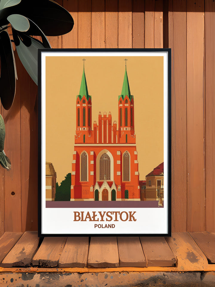 Poland Vintage Poster featuring the Białystok Archikatedra offers a nostalgic and artistic look at one of the countrys most admired landmarks. The vintage inspired design is ideal for those who appreciate both historical and aesthetic value.