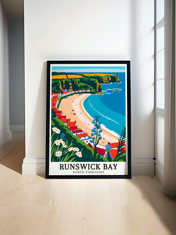 Coastal artwork featuring Runswick Bay Village along the Cleveland Way Runswick perfect for elegant home decor and stunning living room decor showcasing the natural beauty of North Yorkshire with vibrant colors and intricate details in a vintage travel print style