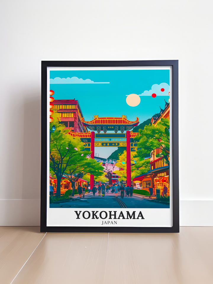 Yokohamas Chinatown, with its iconic gates and bustling markets, is featured in this vibrant print. The artwork captures the energy and diversity of the area, making it a standout piece for any room. Ideal for lovers of Japanese and Chinese culture, this print adds a dynamic element to your decor.