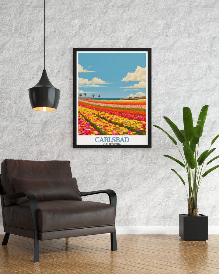 Celebrate the beauty of Californias Carlsbad with this poster featuring The Flower Fields at Carlsbad Ranch. Ideal for travelers or nature enthusiasts, this art print brings the vibrant colors of the flower fields into your home.