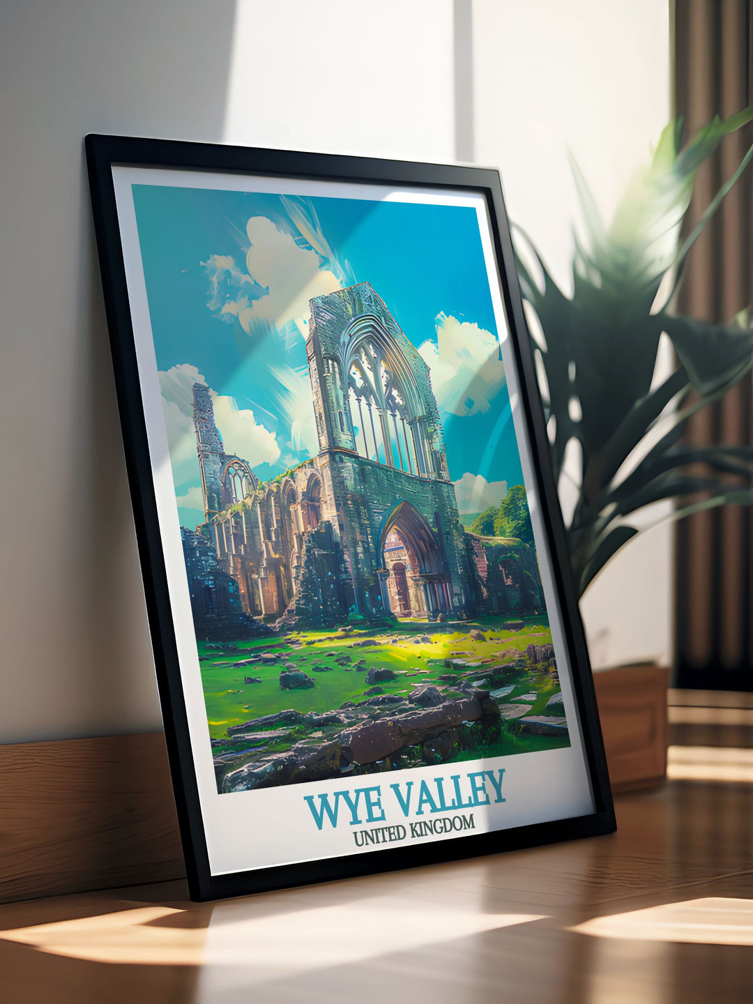 Modern art of Tintern Abbey presenting stunning views of the abbey against the lush landscape of the Wye Valley. Perfect for those seeking unique and elegant home decor.