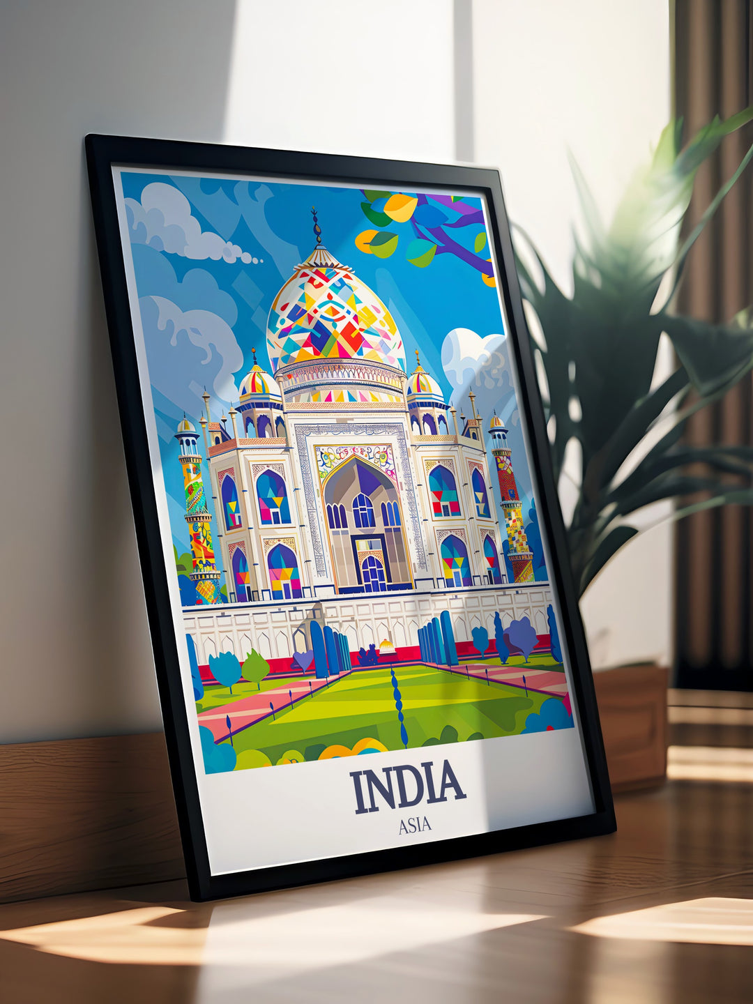 Experience the grandeur of the Taj Mahal in this beautifully crafted travel print. Highlighting the iconic architecture of Agra, India, this vintage poster is perfect for any wall, offering a glimpse into one of the Seven Wonders of the World.