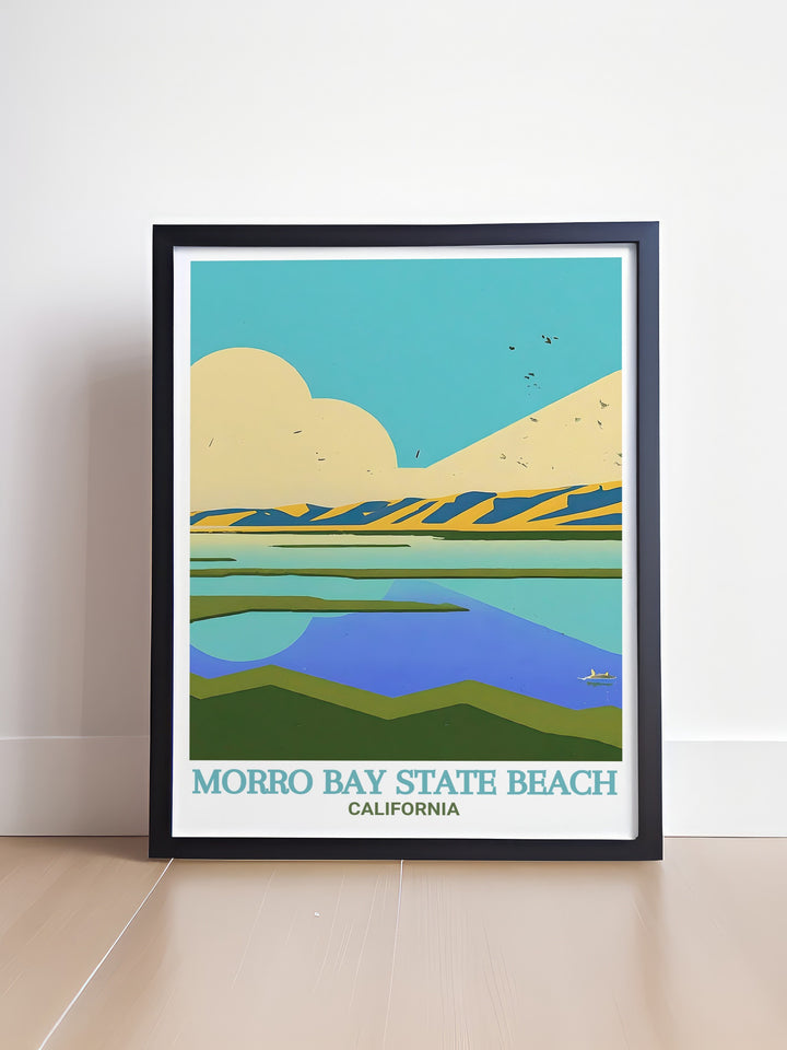 This travel poster of Morro Bay highlights the natural beauty of the Morro Bay State Beach and the Morro Bay Estuary, showcasing their tranquility and vibrant colors. A perfect gift for California lovers and nature enthusiasts alike.