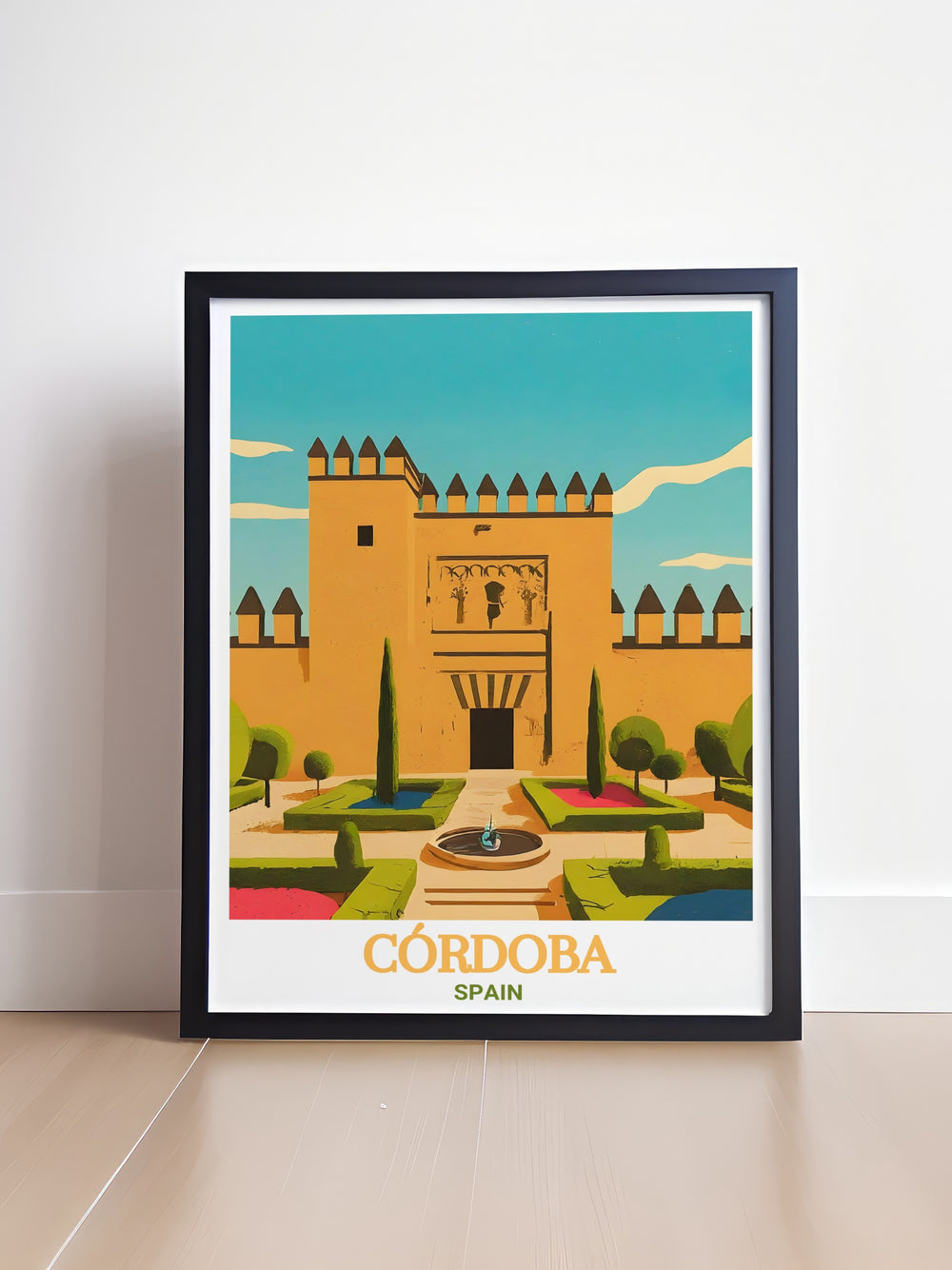 Spain wall art featuring the Alcazar de los Reyes Cristianos in Cordoba is the perfect decor piece for homes with a love for Spanish culture and history offering a unique blend of travel inspiration and elegant modern design for living rooms and offices.