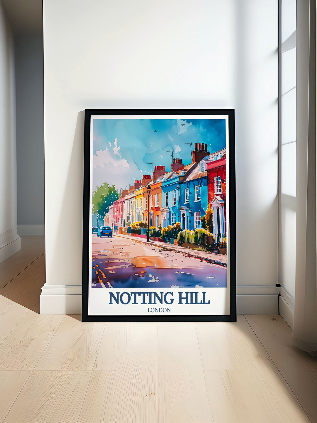 Notting Hill print featuring Portobello Road Market and St. Peters Church perfect for home decor or as a thoughtful gift capturing the beauty and charm of London with vibrant colors and elegant architecture in this vintage inspired artwork for your living space