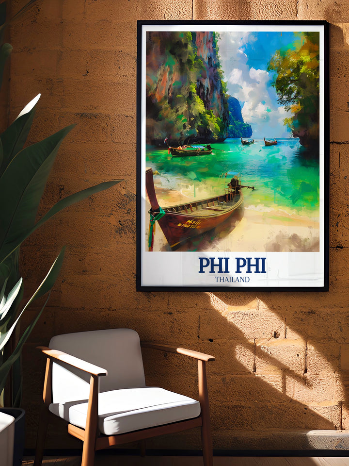 Celebrate the beauty of Thailands Phi Phi Islands with this travel poster featuring Maya Bay and Phi Phi Ley. The serene beaches and vibrant blue waters make this artwork a must have for tropical decor lovers.