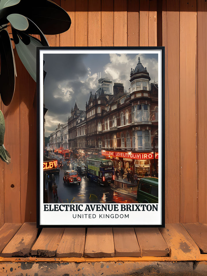 Brixtons eclectic charm is depicted in this poster, celebrating the historical and cultural vibrancy of Electric Avenue, perfect for adding a touch of Londons unique character to your home.
