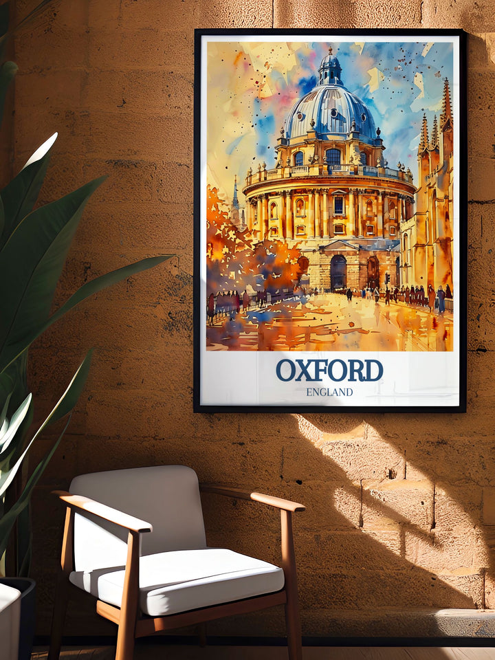 Unique Oxford wall art illustration of Radcliffe Camera and Bodleian Library a must have for fans of British travel and elegant living room decor