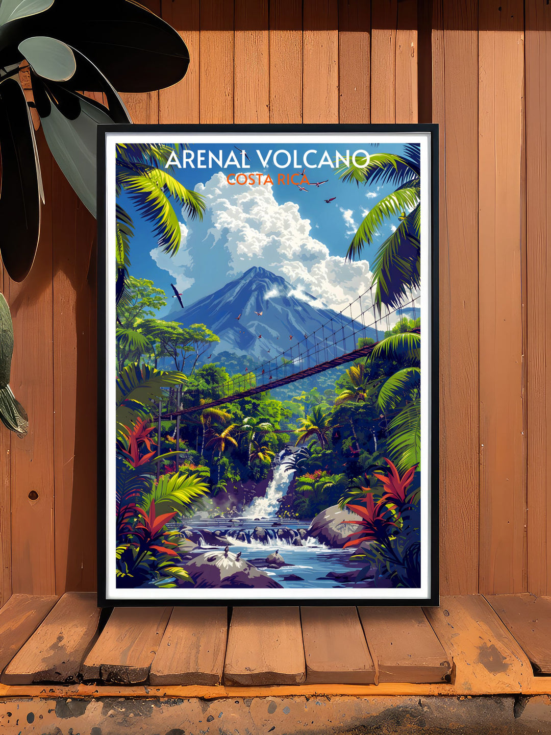 Detailed print showcasing The Arenal Hanging Bridges, a marvel of engineering amidst lush Costa Rican rainforest.