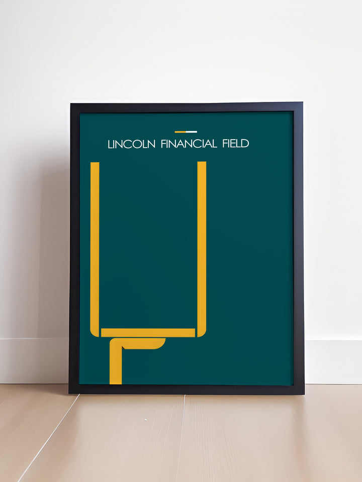 Lincoln Financial Field sports art that brings the excitement of Eagles football into your home. Perfect for decorating a sports bedroom or office this modern art print is a great gift for football fans who appreciate minimalist decor.