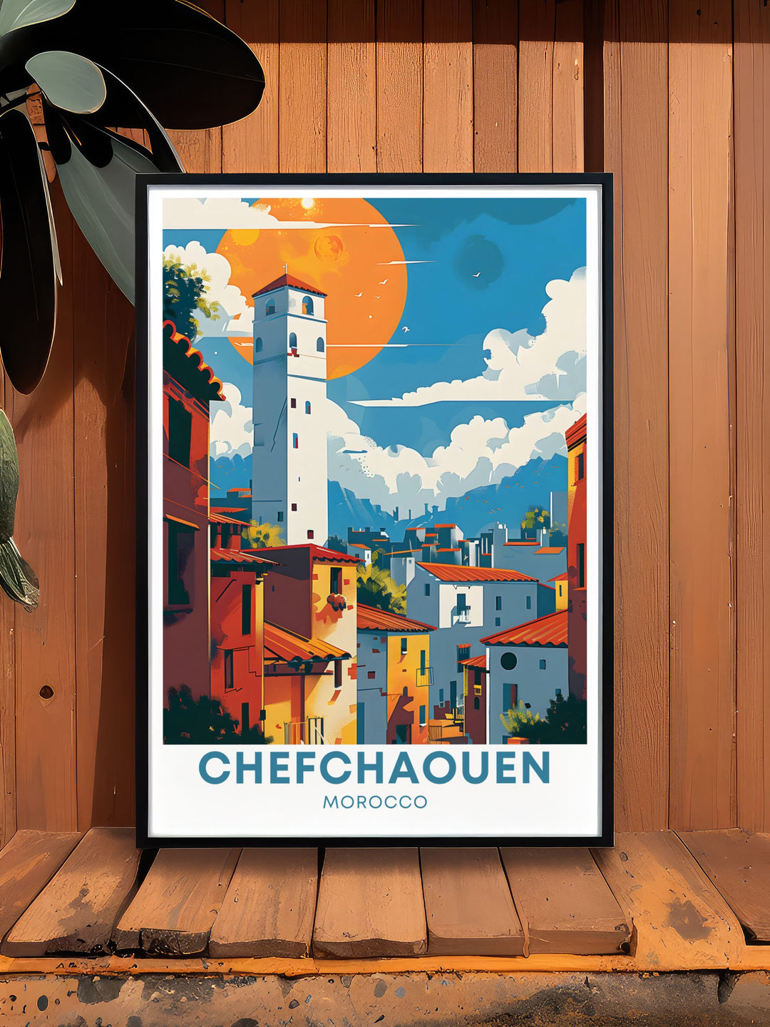 This travel poster of Chefchaouen Morocco captures the enchanting blue streets of the Medina, perfect for adding a touch of Moroccan charm to your decor. Featuring Chefchaouens iconic blue buildings, this poster brings the serene beauty of the Blue Pearl of Morocco into your home.