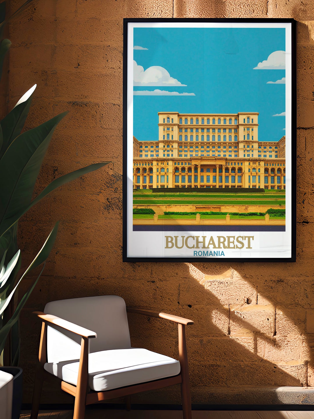 The Romania canvas art features the historic and modern beauty of Bucharests skyline, showcasing the Palace of the Parliament. This travel poster brings the spirit of Romania into your home, ideal for those who appreciate the blend of history and modernity in European cities.